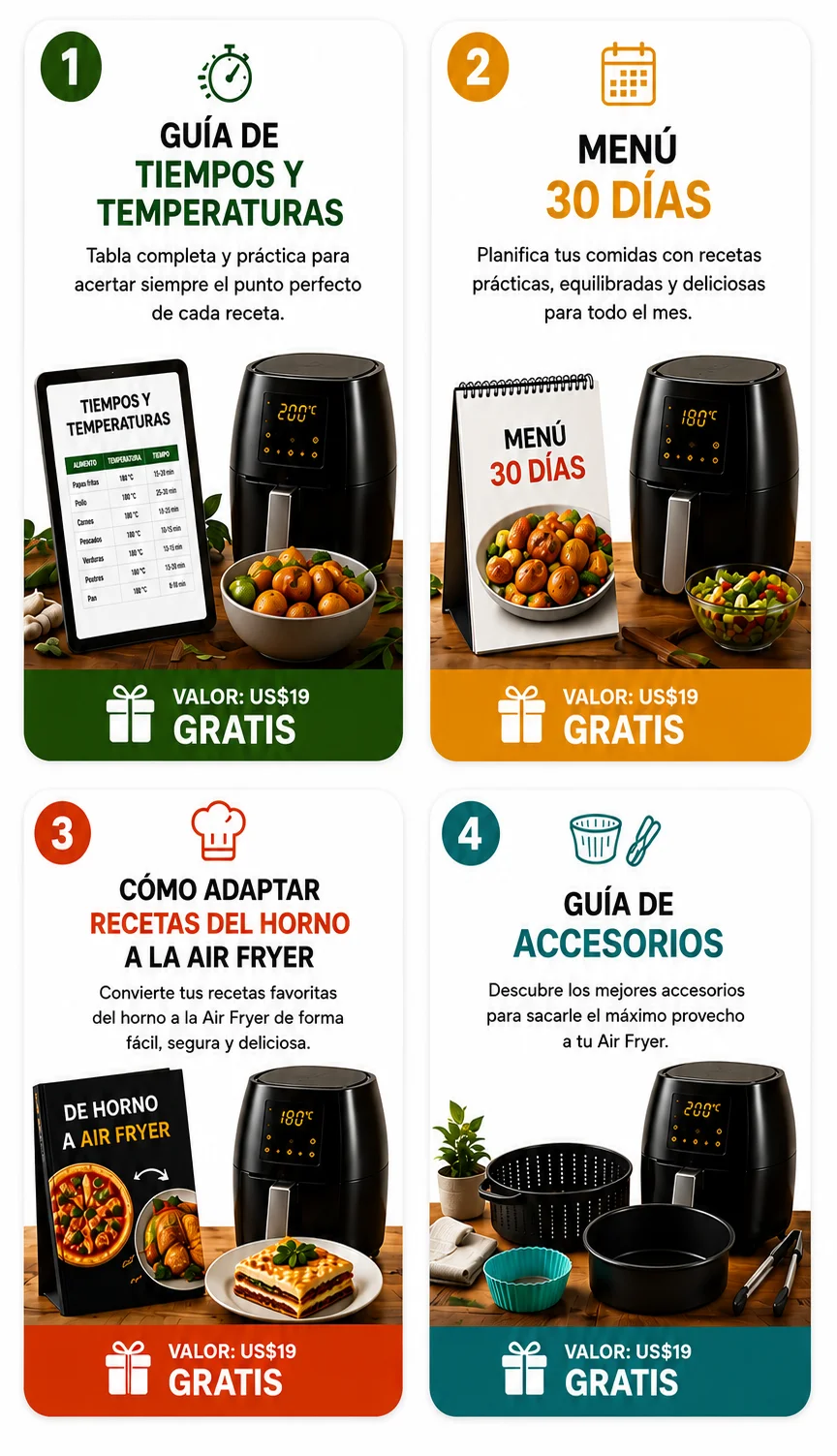 4 bonos: guía de tiempos y temperaturas, menú 30 días, cómo adaptar recetas del horno a la Air Fryer y guía de accesorios