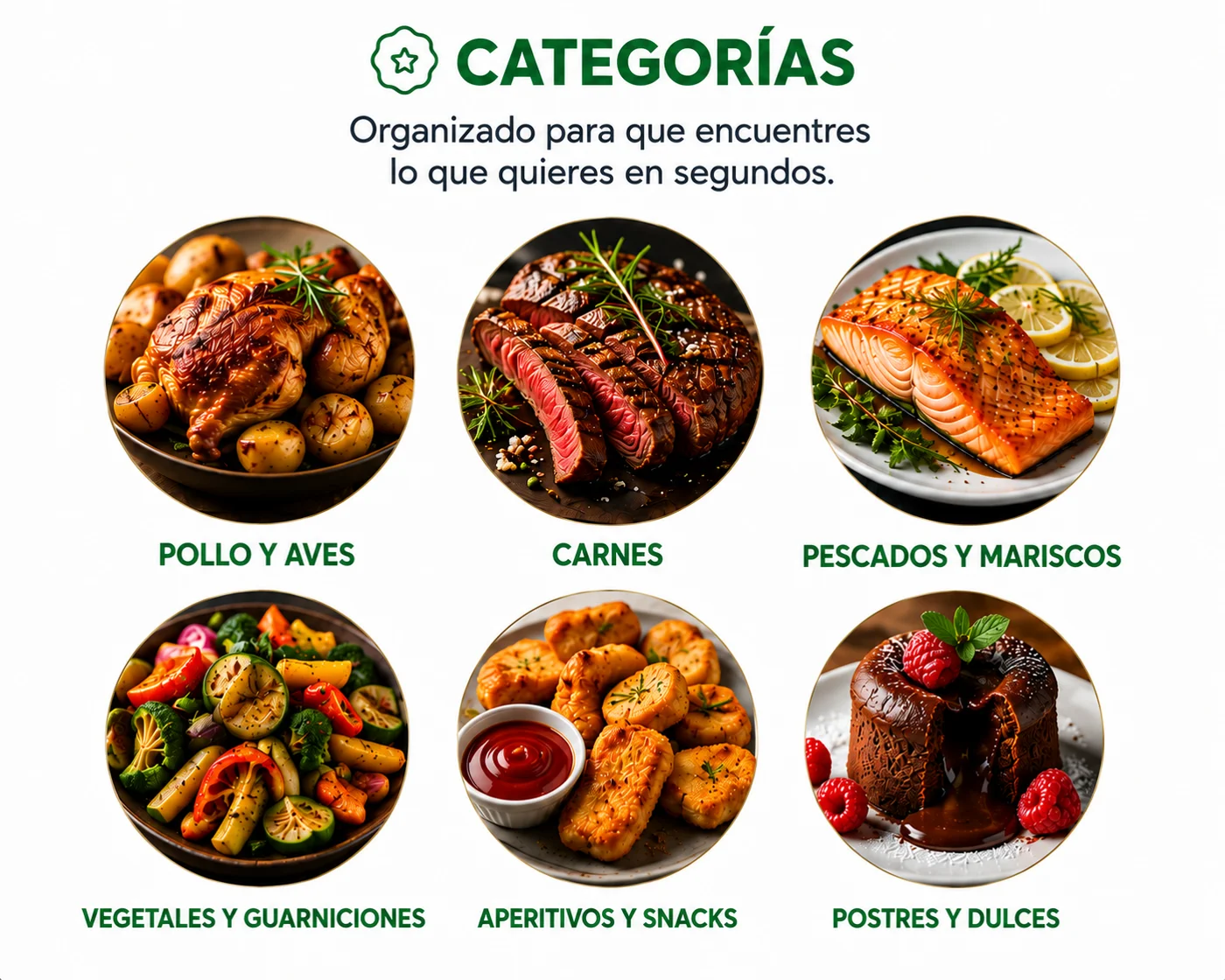 Categorías: pollo y aves, carnes, pescados y mariscos, vegetales y guarniciones, aperitivos y snacks, postres y dulces