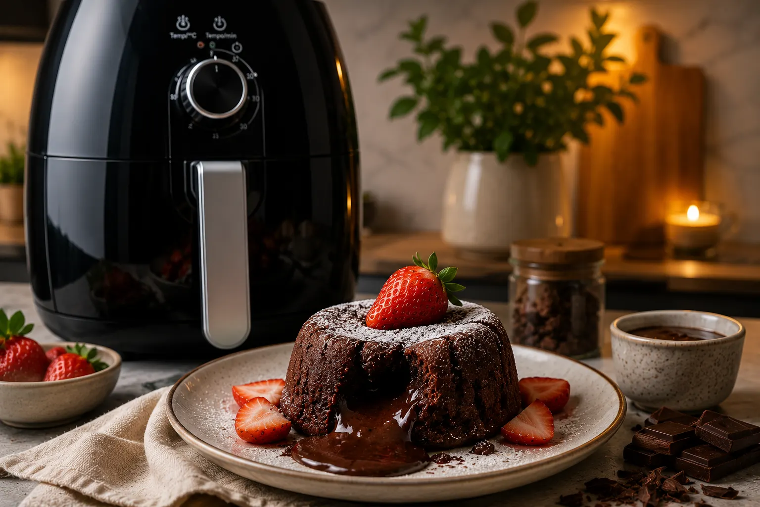 Volcán de chocolate con fresa