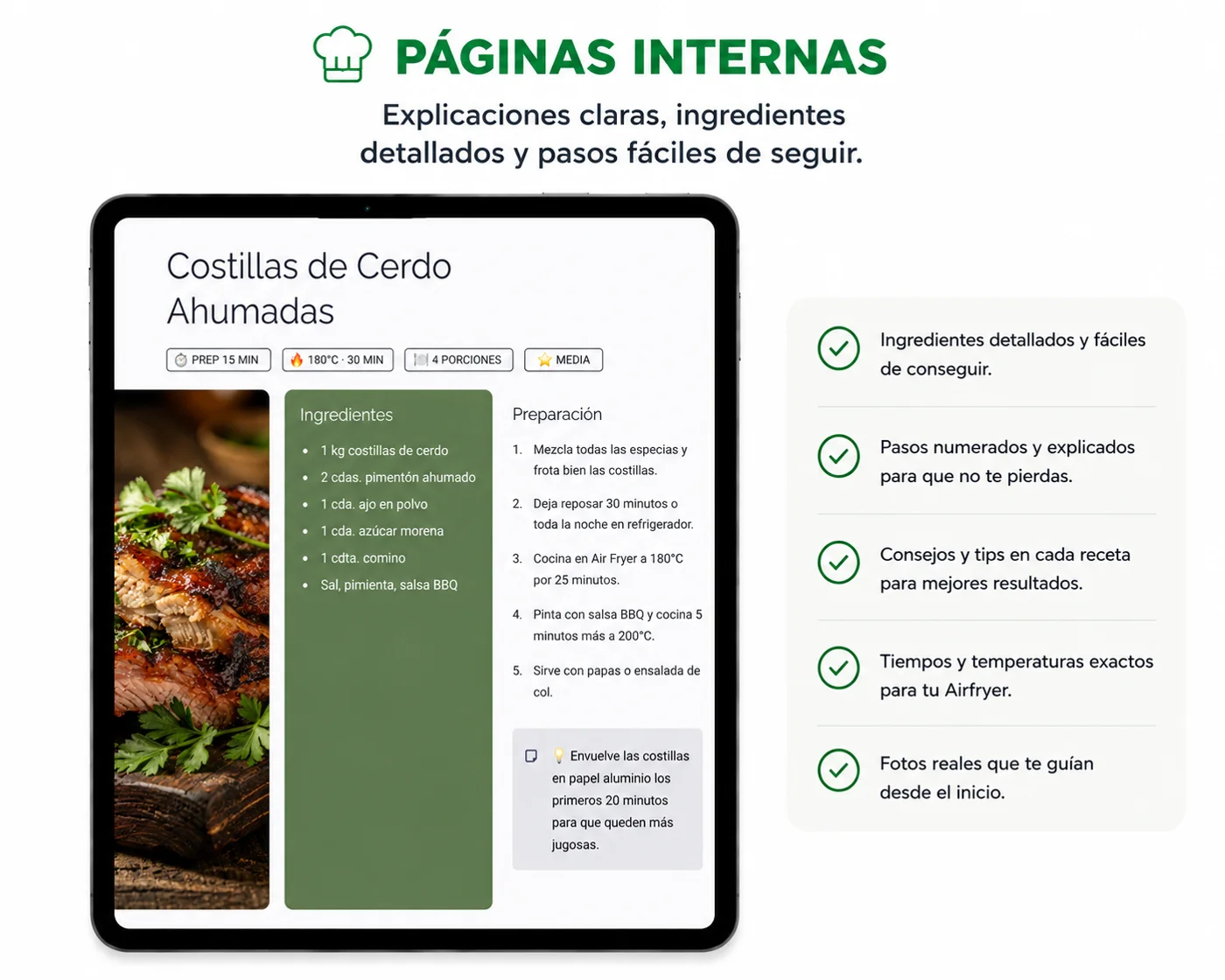 Ejemplo de página interna del recetario con ingredientes y preparación